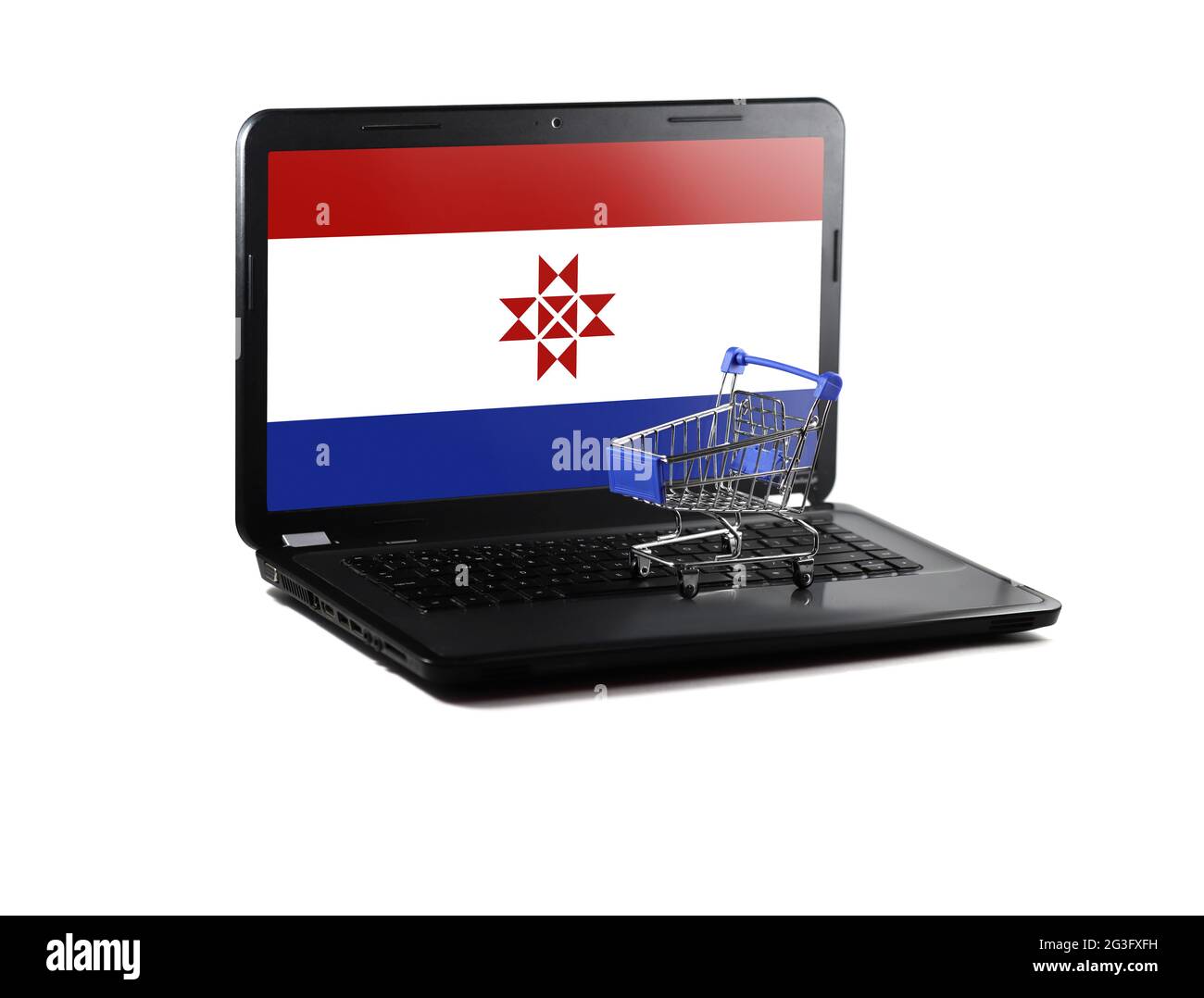 Isolated on white background laptop with Mordovia flag on display, online shopping sale concept Stock Photo