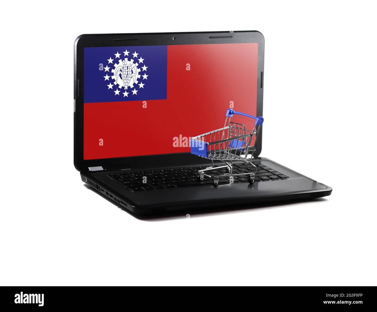 Isolated on white background laptop with Myanmar Burma flag on display, online shopping sale