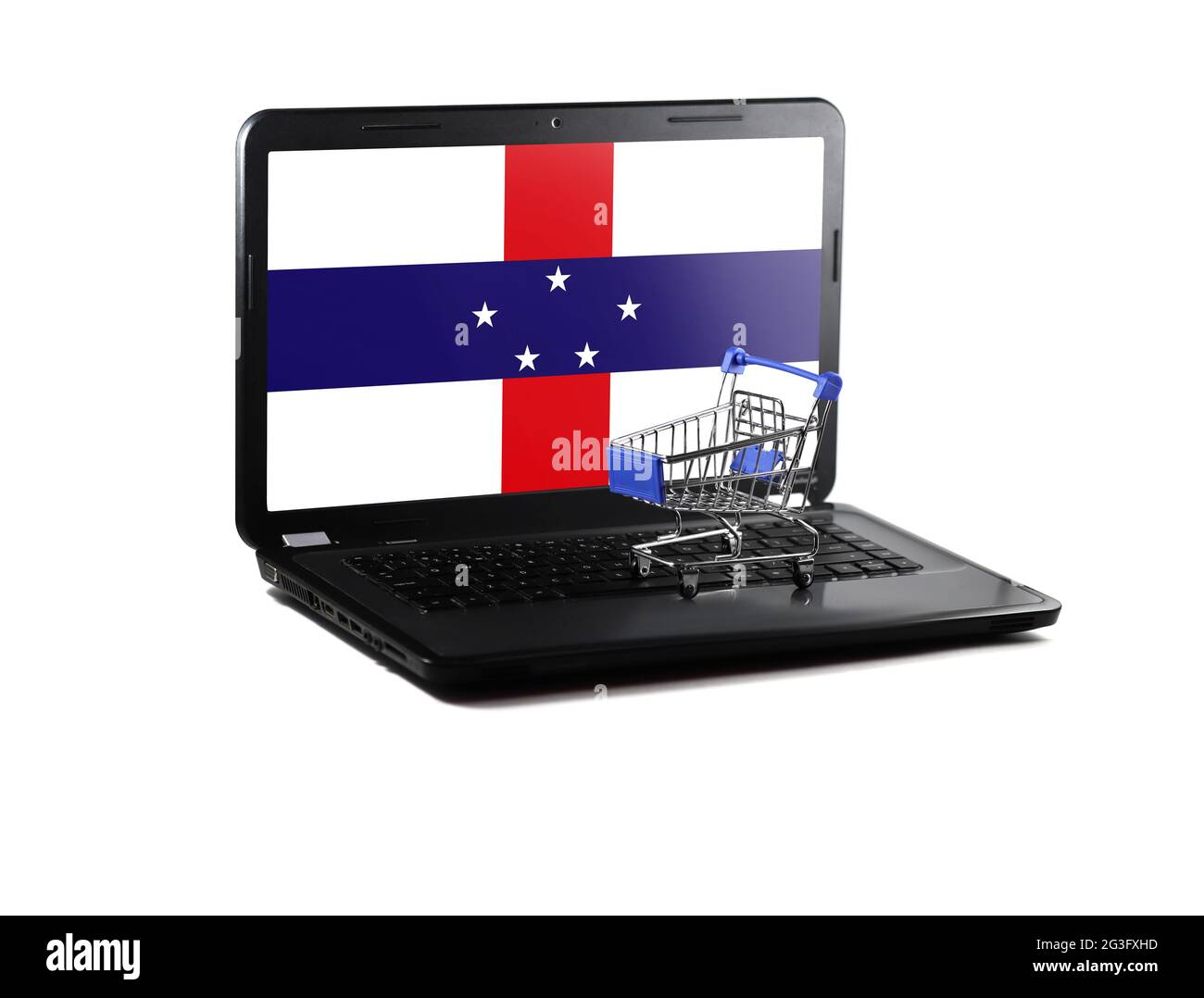 Isolated on white background laptop with Netherlands Antilles flag on