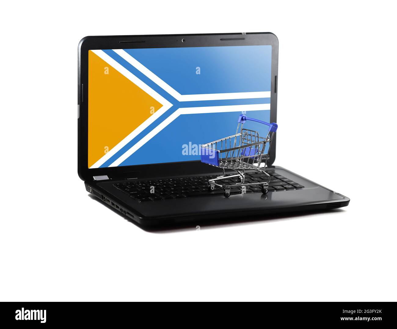 Isolated on white background laptop with Tuva flag on display, online shopping sale concept Stock Photo