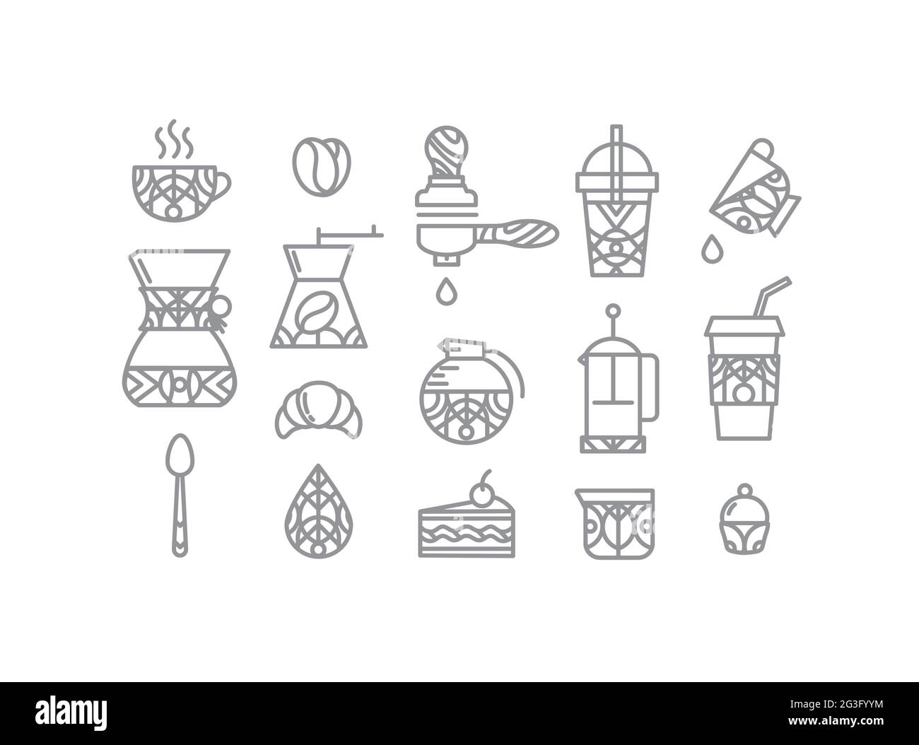 Coffee icons in flat style drawing by thin grey lines on white background Stock Vector