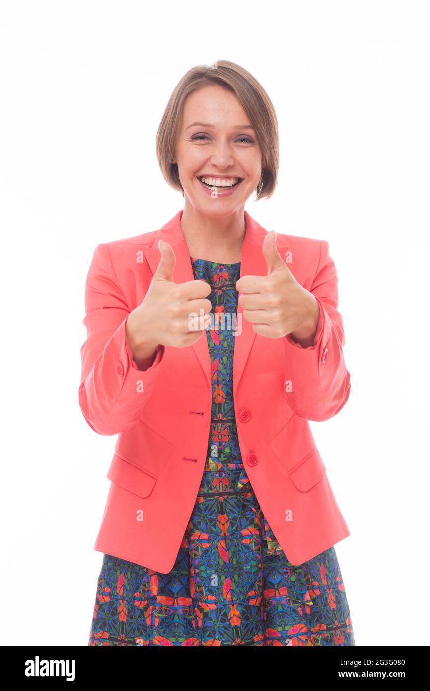 Woman express positivity on white Stock Photo