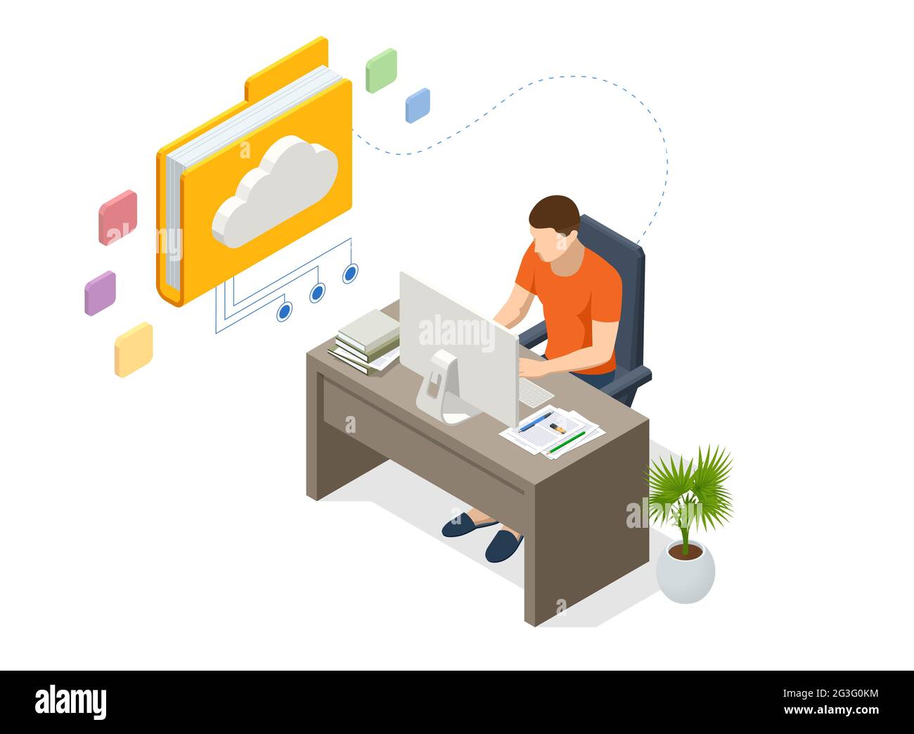 Isometric Cloud Technology. Man Working From Home. Global Outsourcing, People Using Cloud System in Distant Work and Data Storage. Clouds connected Stock Vector