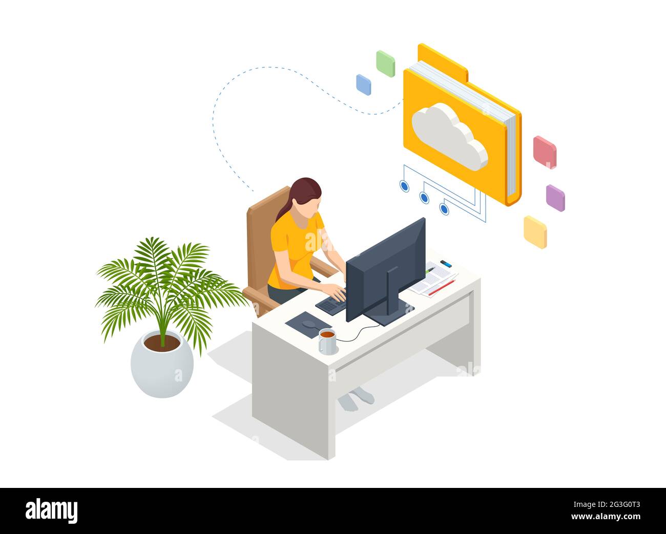 Isometric Cloud Technology. Woman Working From Home. Global Outsourcing, People Using Cloud System in Distant Work and Data Storage. Clouds connected Stock Vector