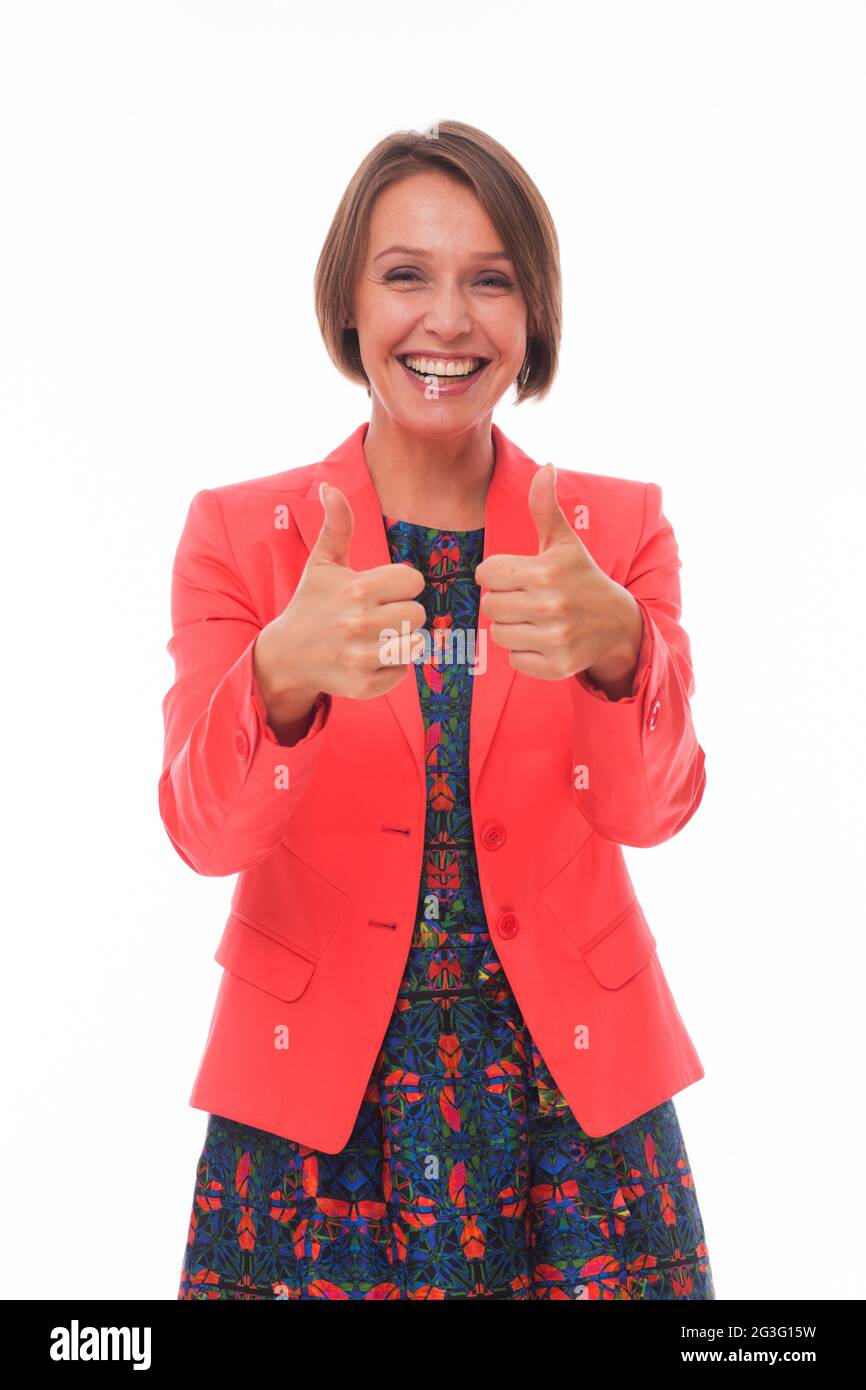Woman express positivity on white Stock Photo