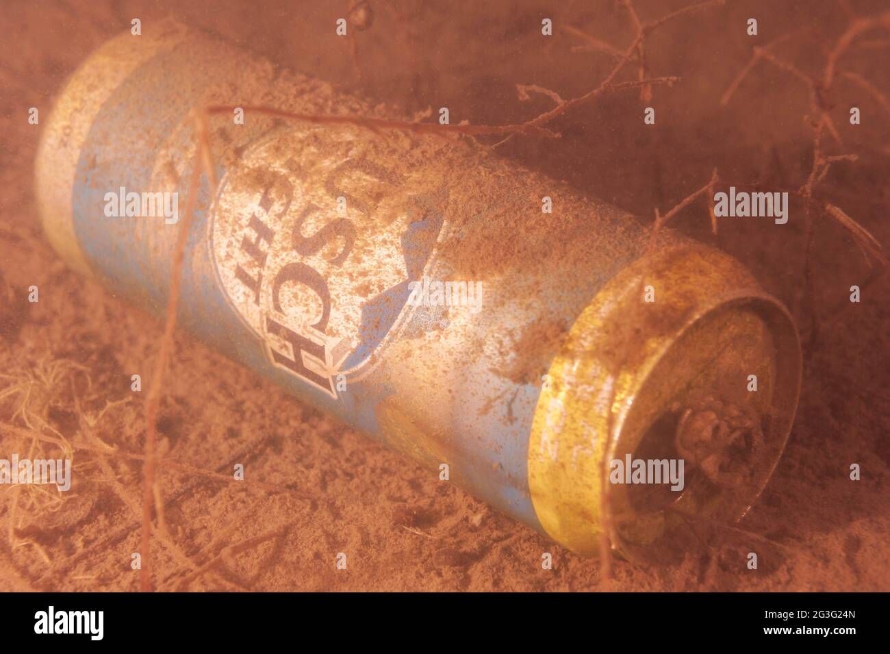 CHARLOTTE, MI - SEPTEMBER 12TH: Used Busch Light beer can littering the bottom of Crandell Lake in Charlotte on September 12th, 2020. Stock Photo