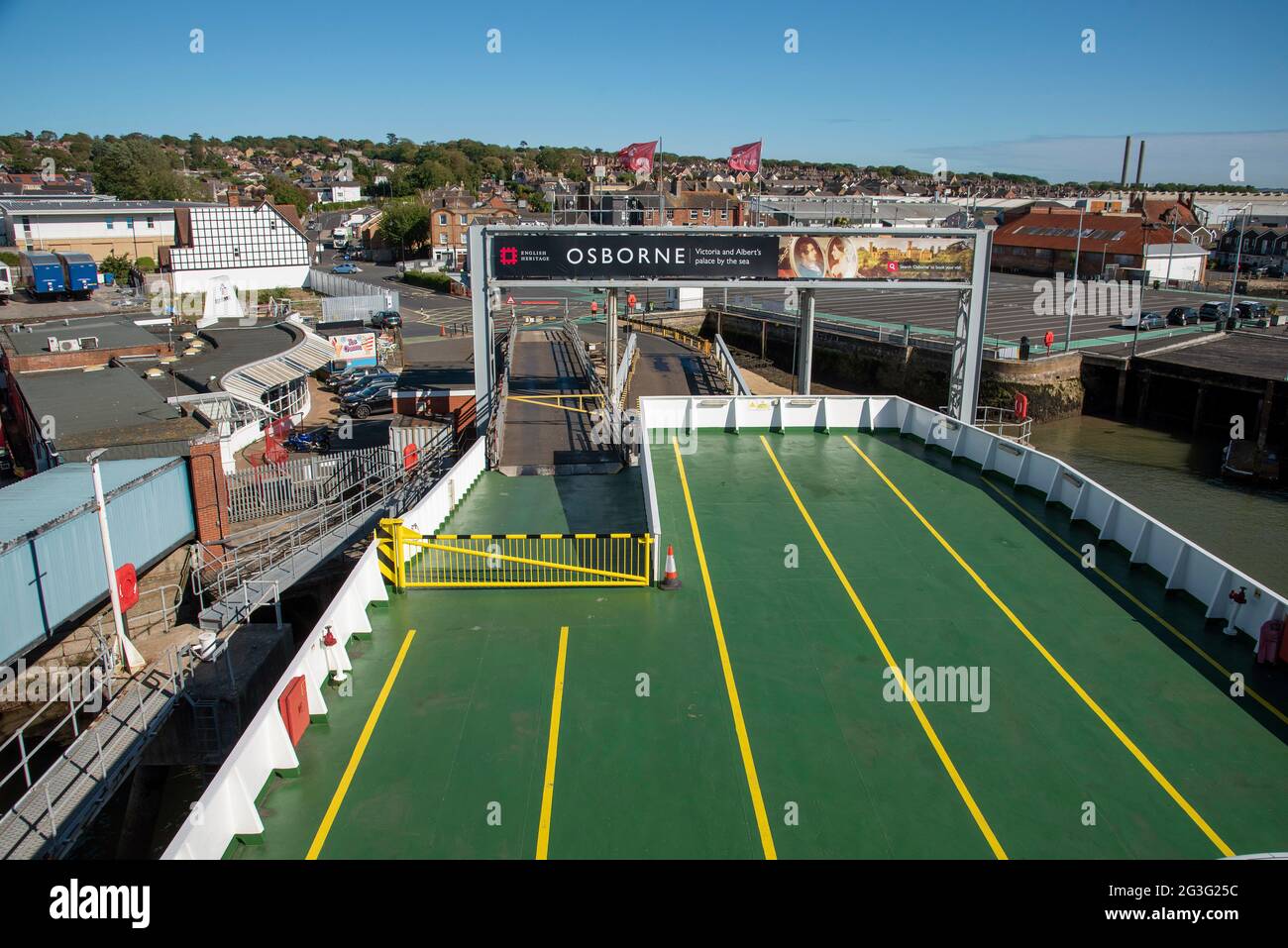 East Cowes, Isle of Wight, UK. 2021.  Upper deck for cars on a ro ro ferry alongside the terminal at Cowes, UK Stock Photo