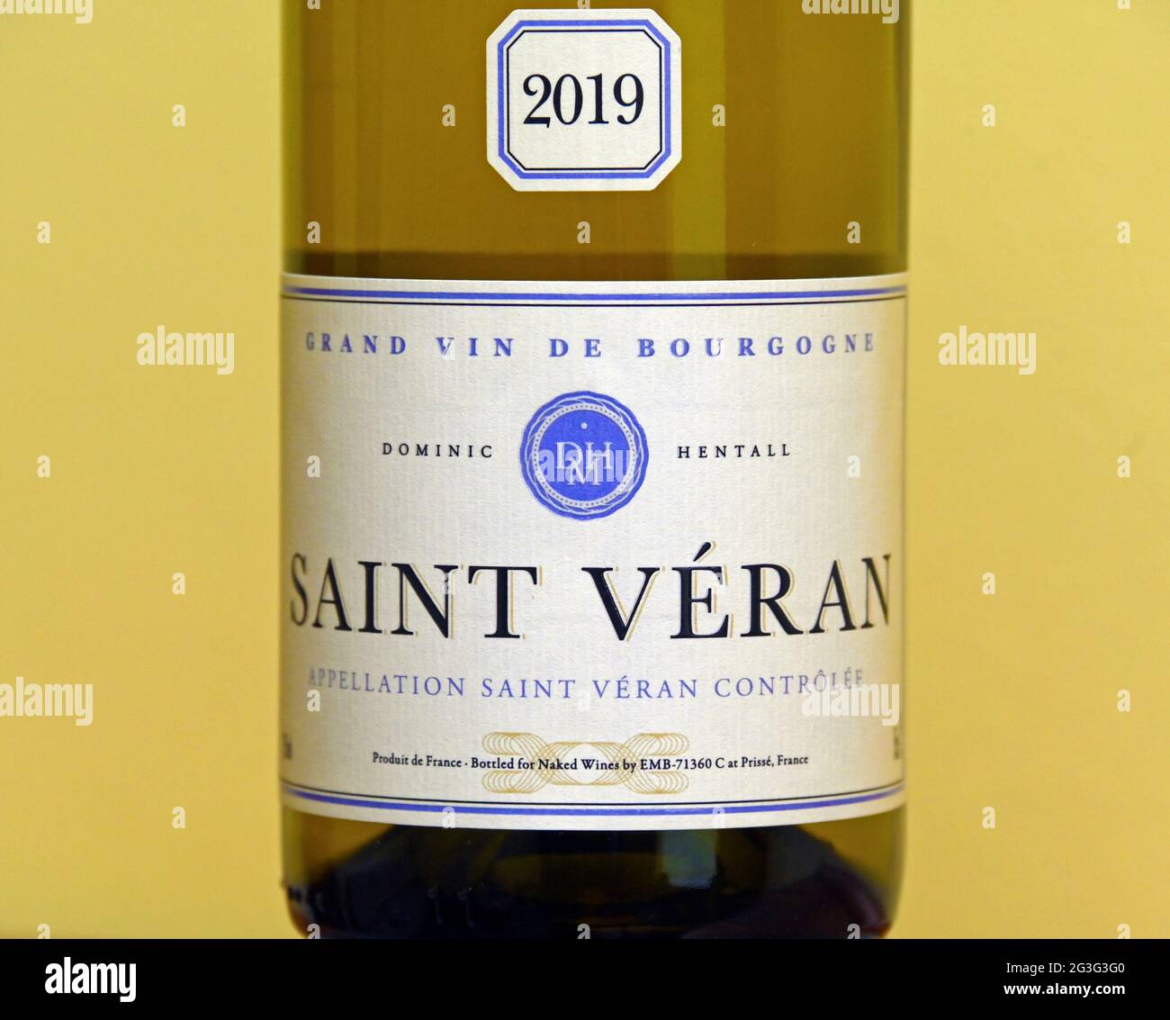 Wine label. Dominic Hentall. Saint Veran. Grand Vin de Bourgogne. 2019. Appellation Saint Veran Controlee. France. Stock Photo