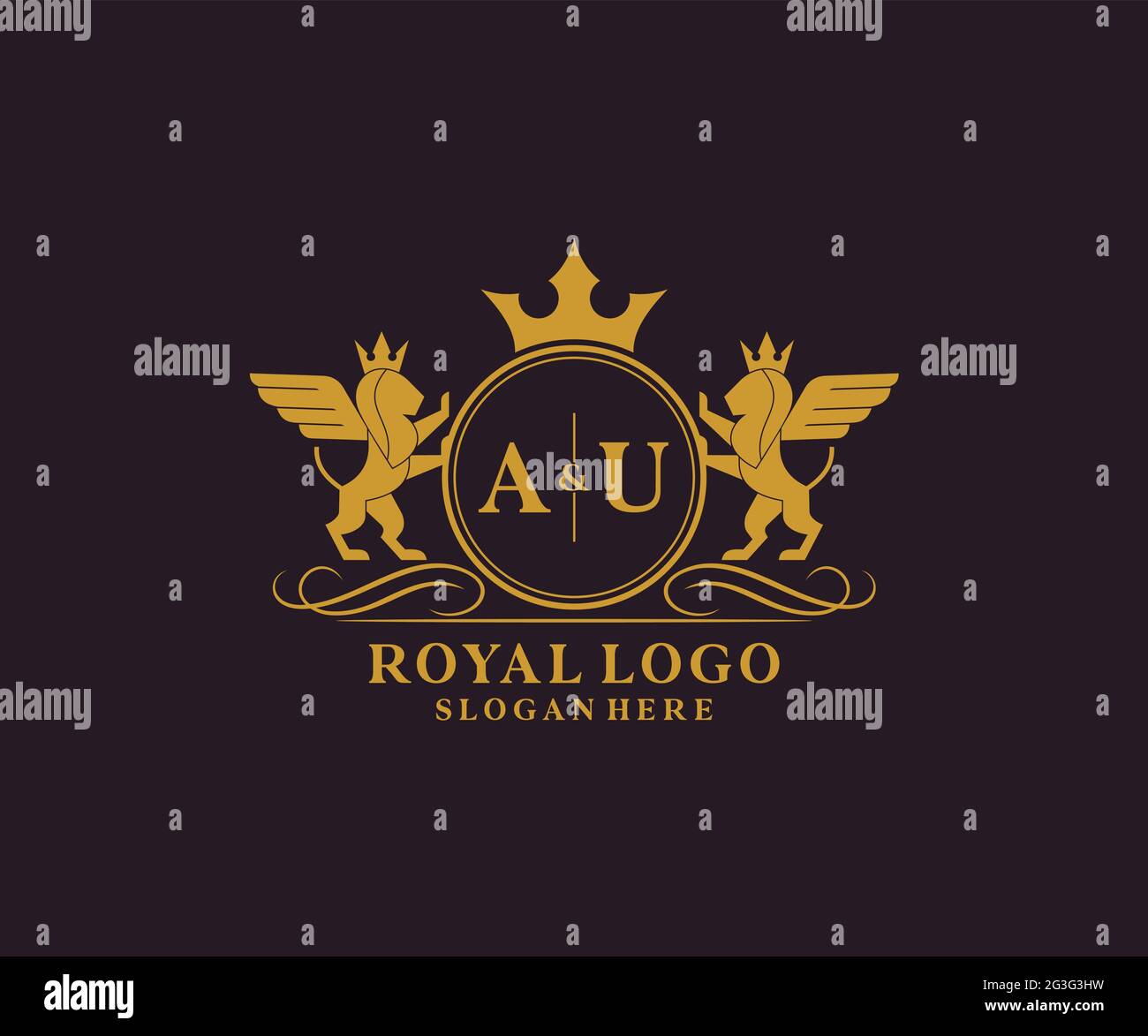 AU Letter Lion Royal Luxury Heraldic,Crest Logo template in vector art for Restaurant, Royalty, Boutique, Cafe, Hotel, Heraldic, Jewelry, Fashion and Stock Vector