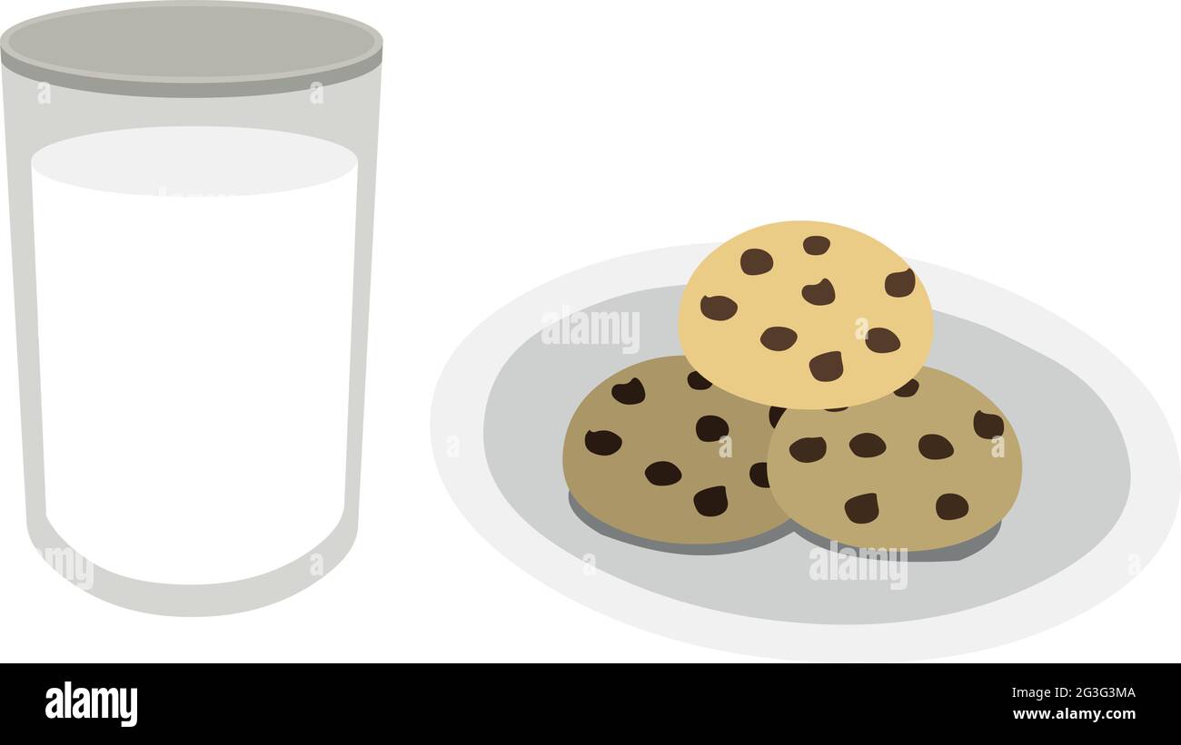 Vector illustration of a plate with cookies with chocolate chips and a glass of milk Stock Vector