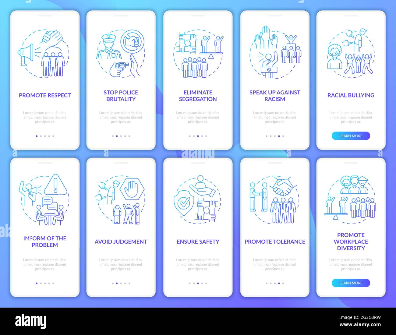 Confronting ethnic injustice onboarding mobile app page screens set Stock Vector