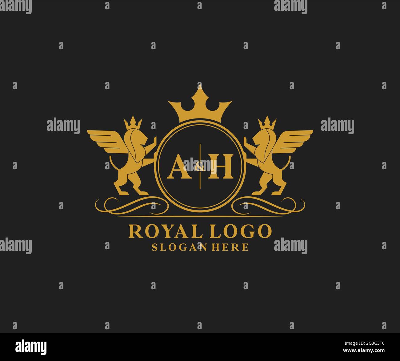 AH Letter Lion Royal Luxury Heraldic,Crest Logo template in vector art for Restaurant, Royalty, Boutique, Cafe, Hotel, Heraldic, Jewelry, Fashion and Stock Vector