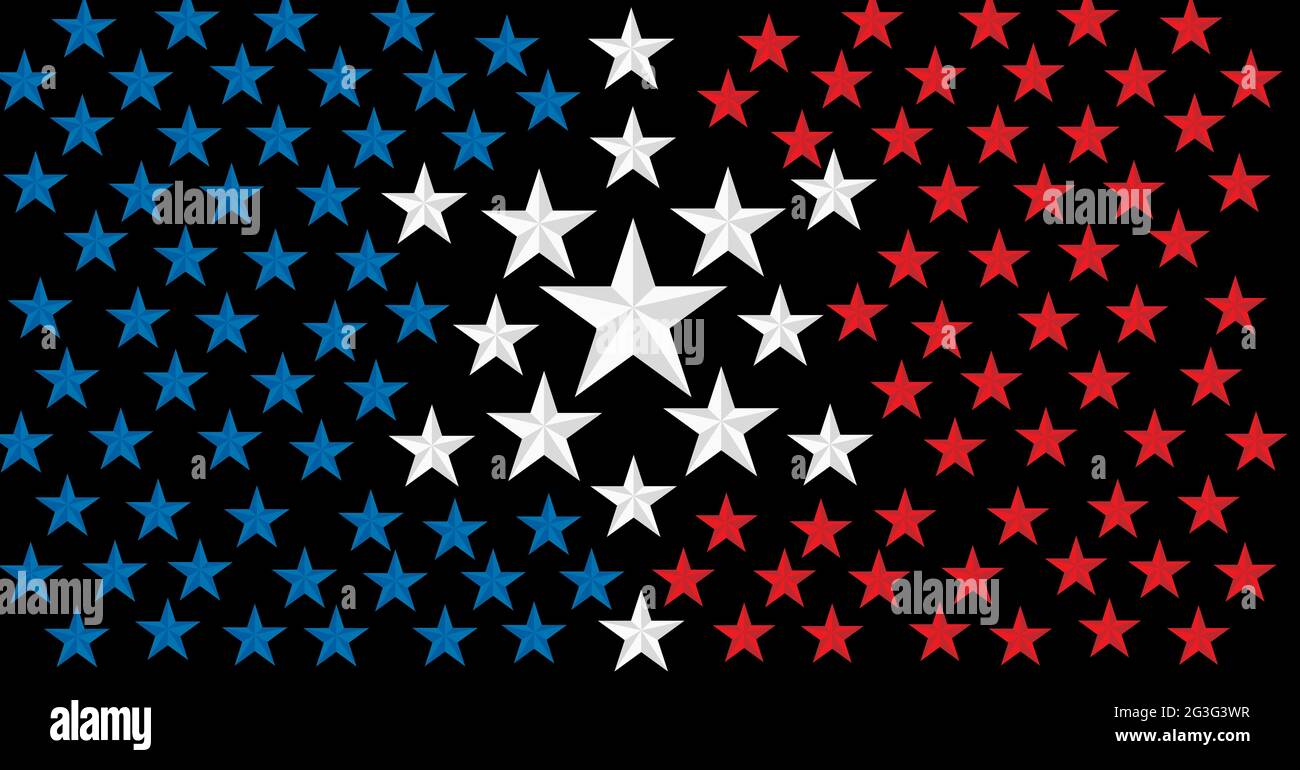Composition of blue, red and white stars grouped on left, right and centre on black background Stock Photo