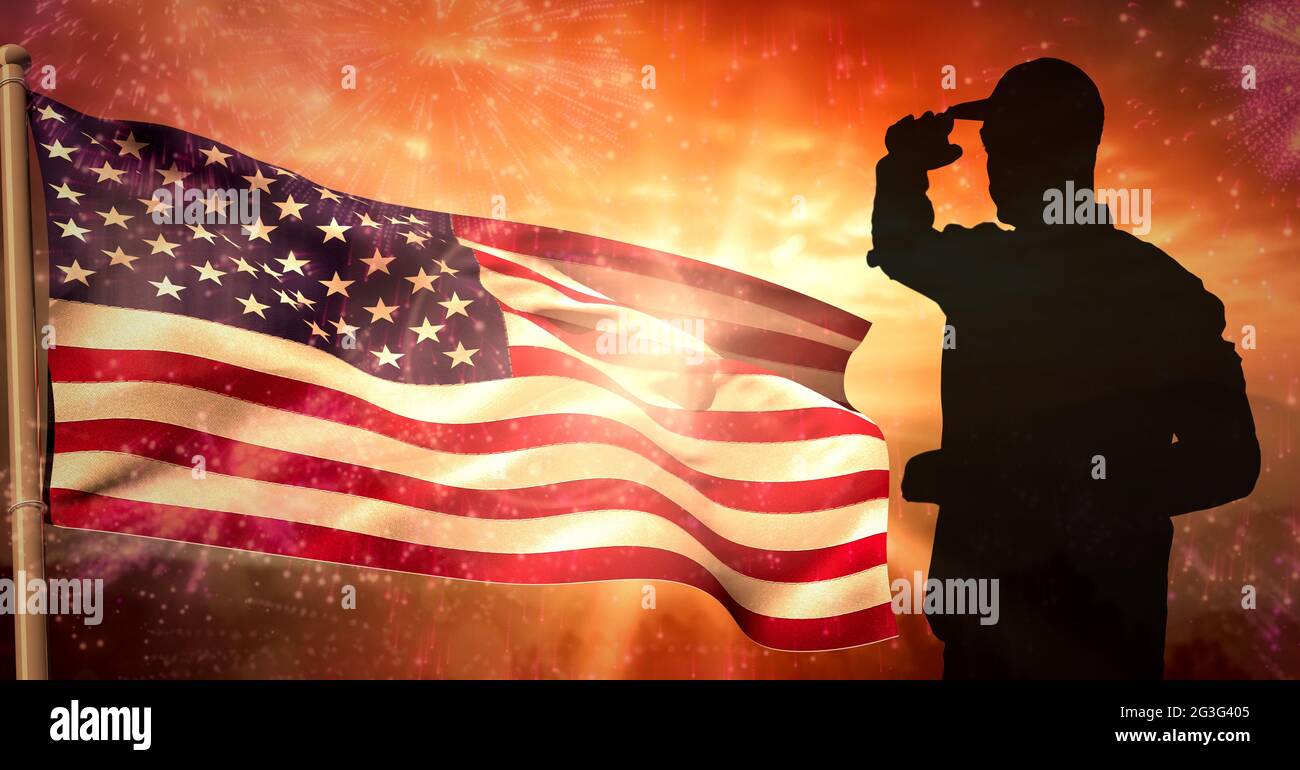 Composition of silhouette of saluting soldier against sunset sky and ...