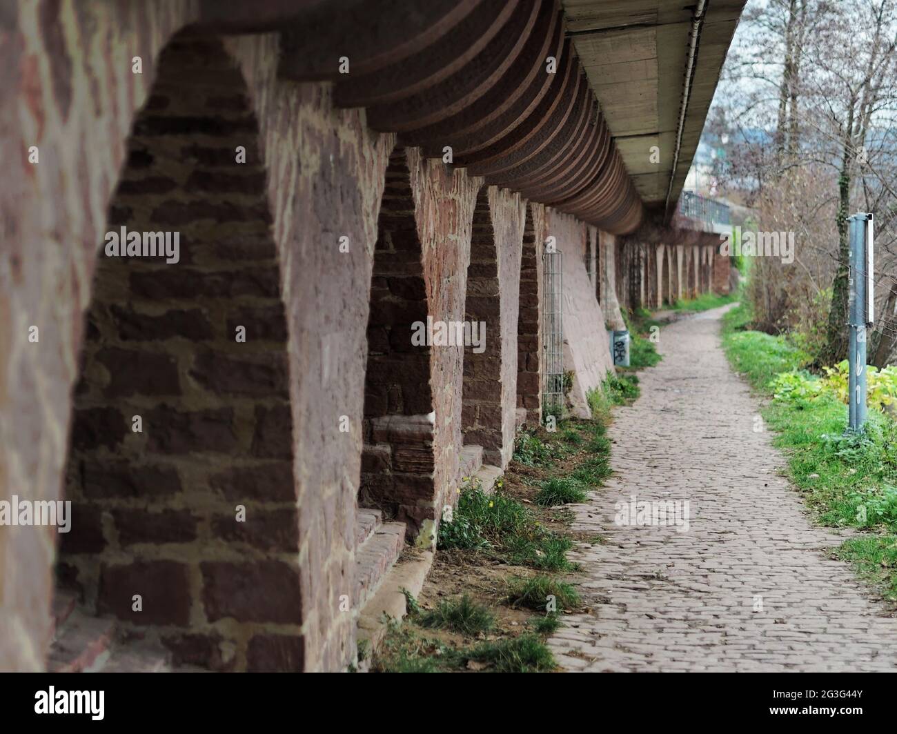 Arced stone wall by Leinpfad footpath at the northern bank of river Neckar in Heidelberg, Germany. Stock Photo