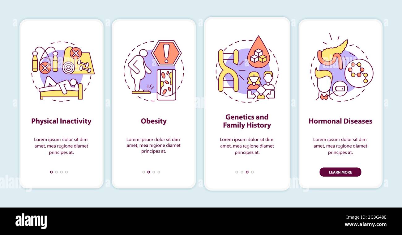 Diabetes causes onboarding mobile app page screen Stock Vector