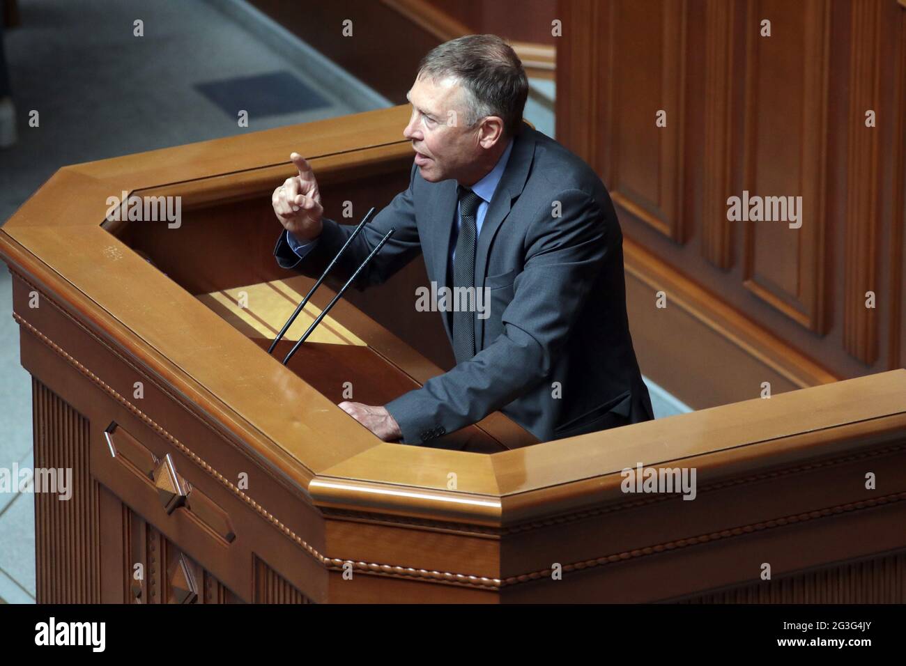 KYIV, UKRAINE - JUNE 16, 2021 - MP Serhii Sobolev speaks from the rostrum during the sitting of the Verkhovna Rada of Ukraine, Kyiv, capital of Ukrain Stock Photo
