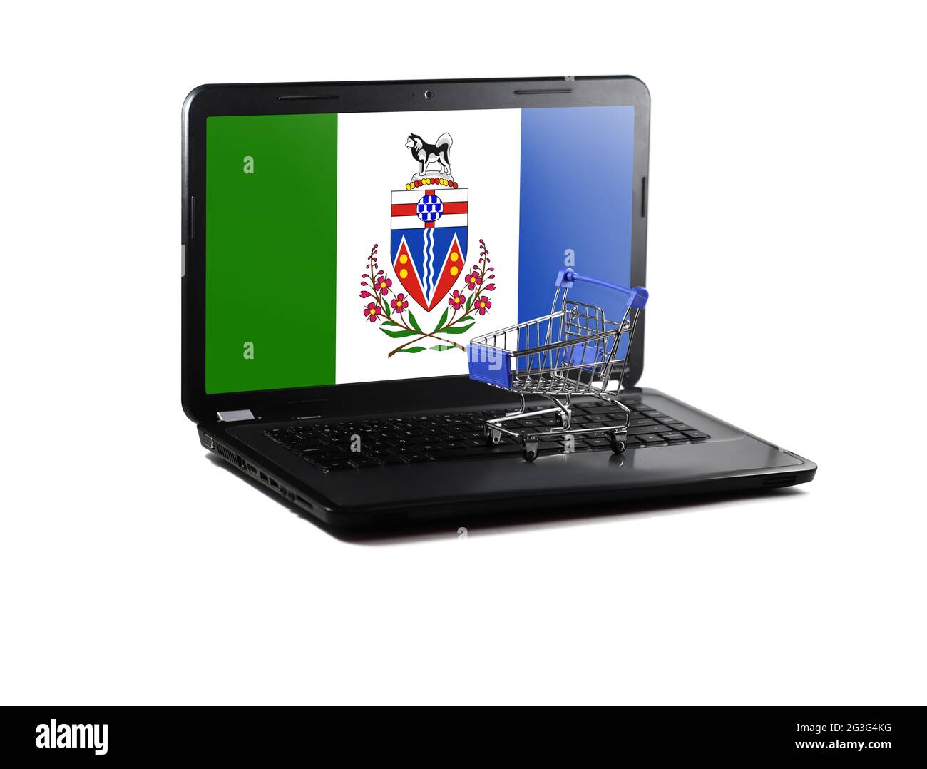 Isolated on white background laptop with Yukon flag on display, online shopping sale concept Stock Photo