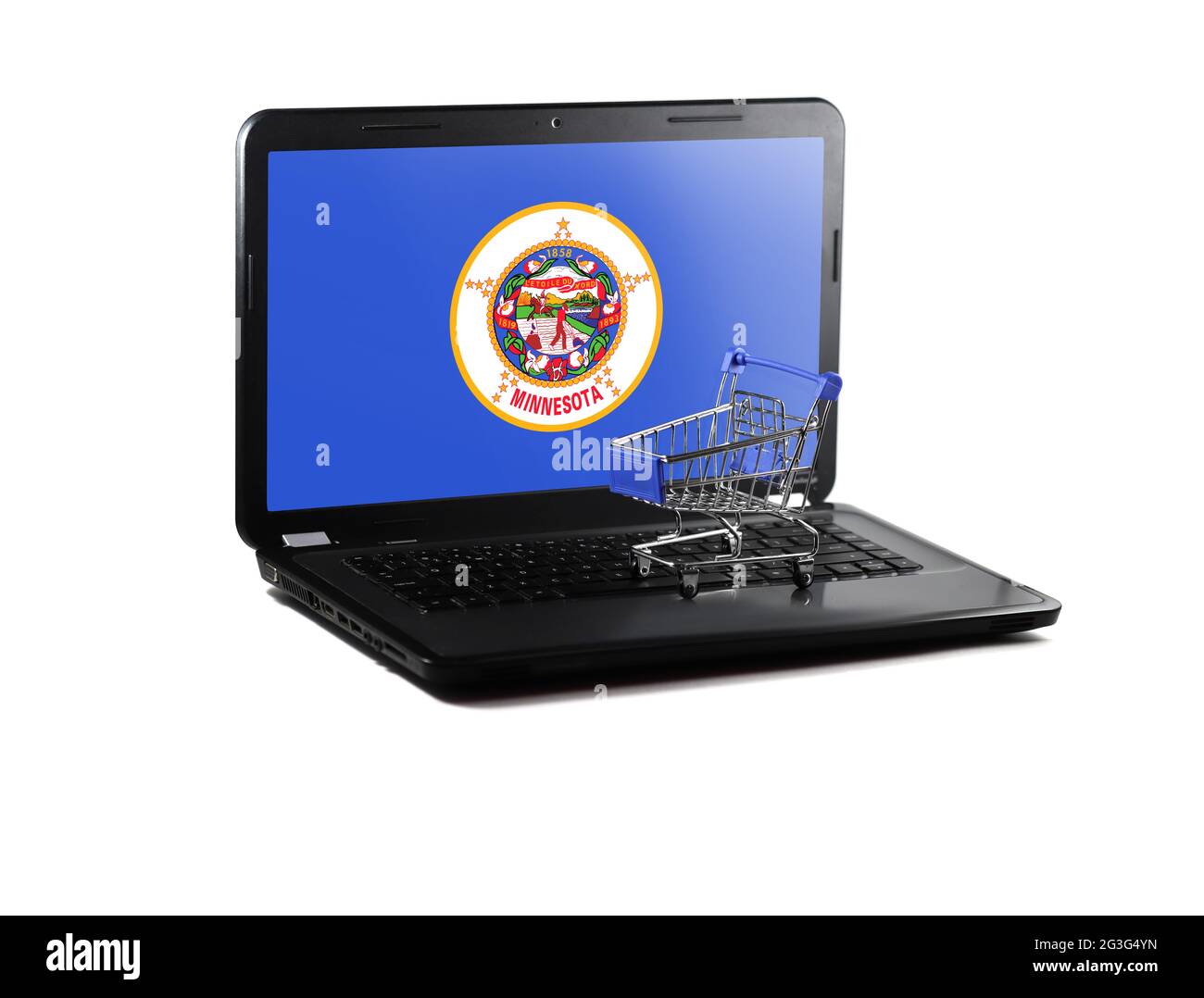Isolated on white background laptop with State of Minnesota flag on display, online shopping sale concept Stock Photo