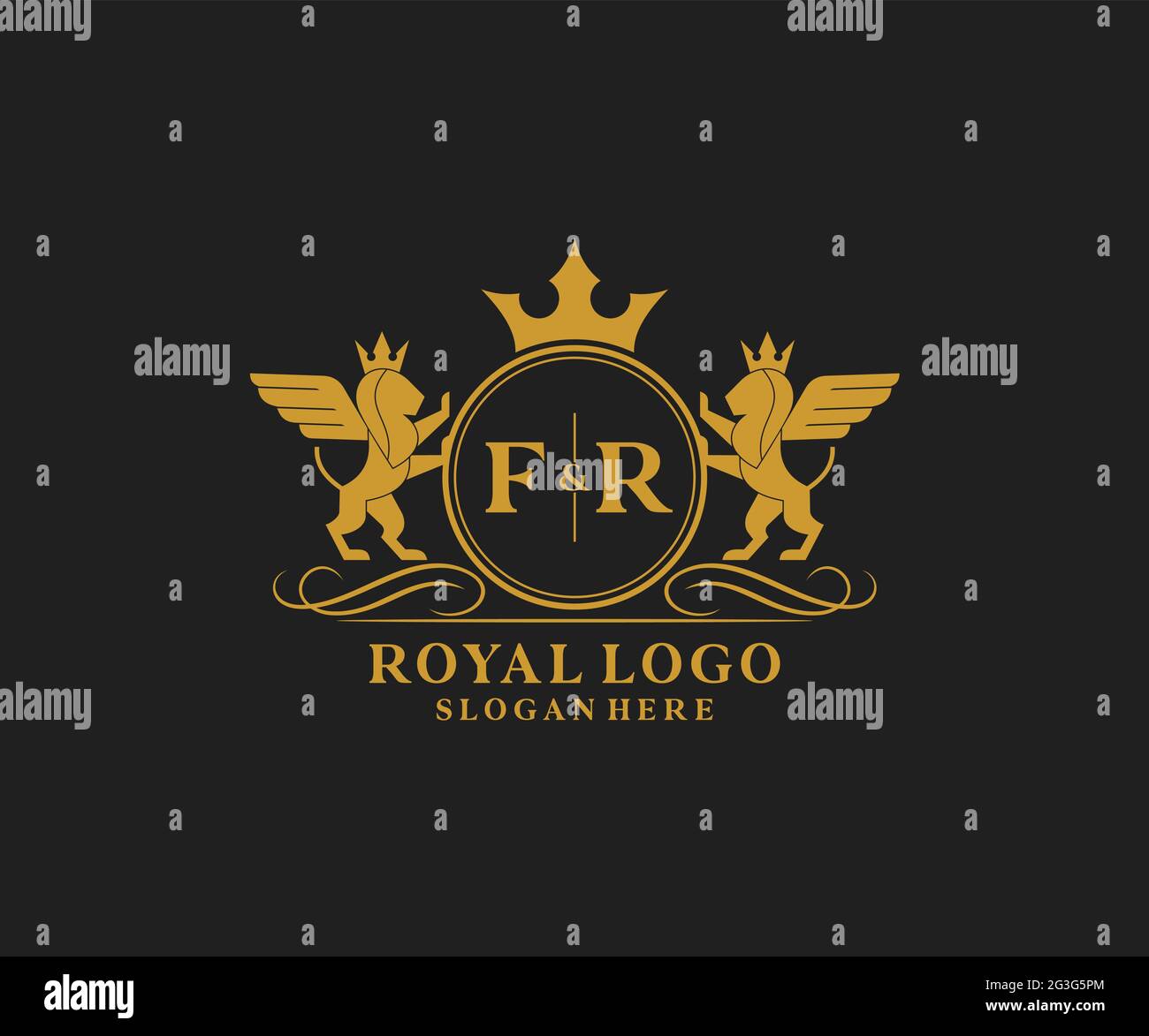 FR Letter Lion Royal Luxury Heraldic,Crest Logo template in vector art for Restaurant, Royalty, Boutique, Cafe, Hotel, Heraldic, Jewelry, Fashion and Stock Vector