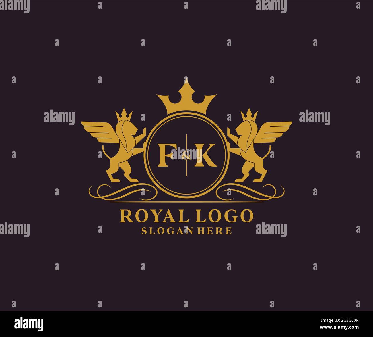 FK Letter Lion Royal Luxury Heraldic,Crest Logo template in vector art for Restaurant, Royalty, Boutique, Cafe, Hotel, Heraldic, Jewelry, Fashion and Stock Vector