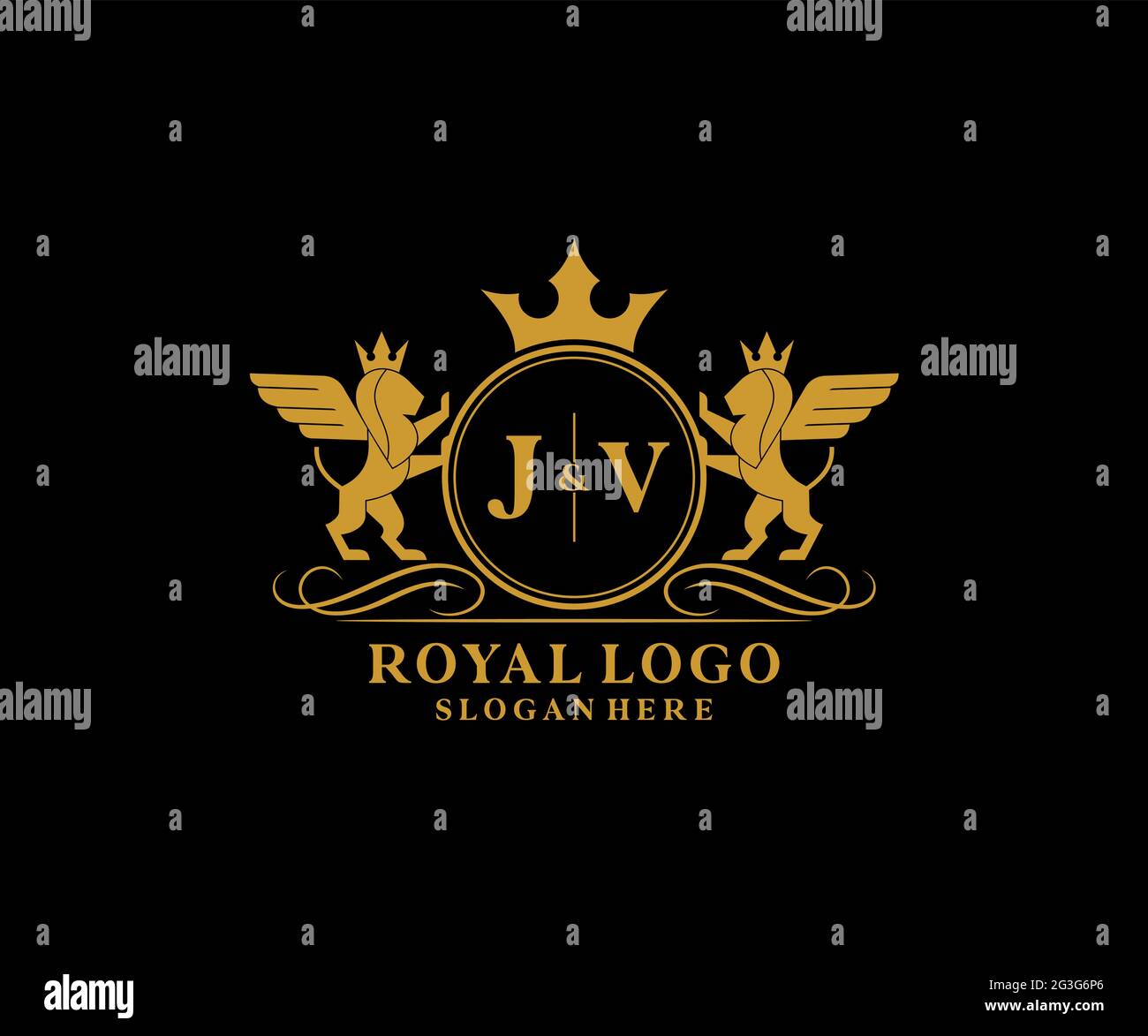 JV Letter Lion Royal Luxury Heraldic,Crest Logo template in vector art for Restaurant, Royalty, Boutique, Cafe, Hotel, Heraldic, Jewelry, Fashion and Stock Vector