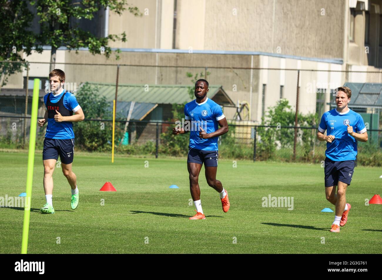 Gent's Giorgi Chakvetadze, Gent's Elisha Owusu and Gent's Matisse Samoise pictured in action during the first training session of the 2021-2022 season Stock Photo