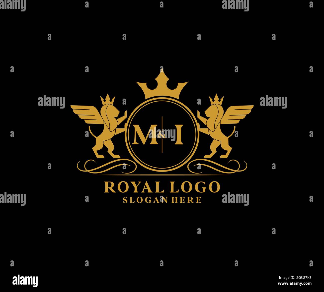 MI Letter Lion Royal Luxury Heraldic,Crest Logo template in vector art for Restaurant, Royalty, Boutique, Cafe, Hotel, Heraldic, Jewelry, Fashion and Stock Vector