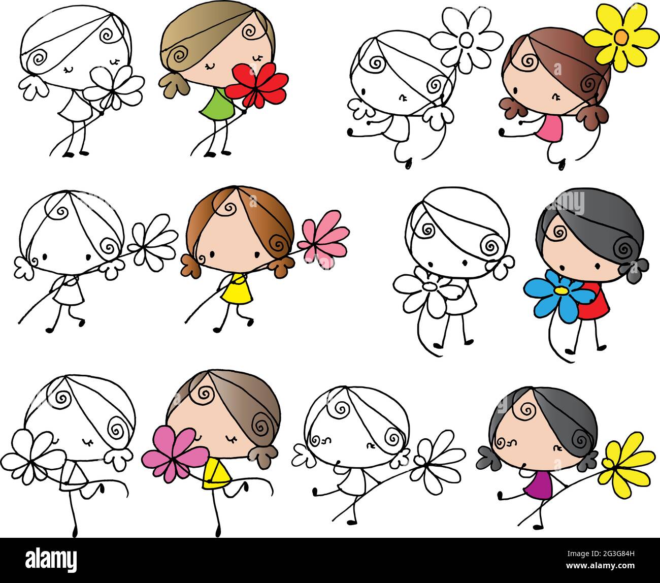 cartoon girls hold flowers set background Stock Photo