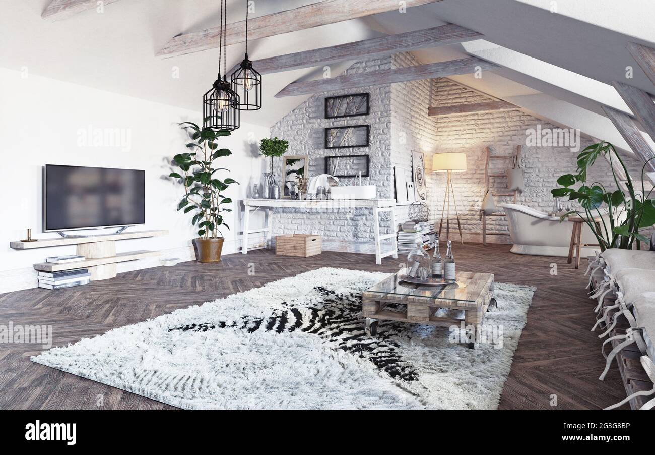 modern living interior design. 3d concept illustration Stock Photo - Alamy