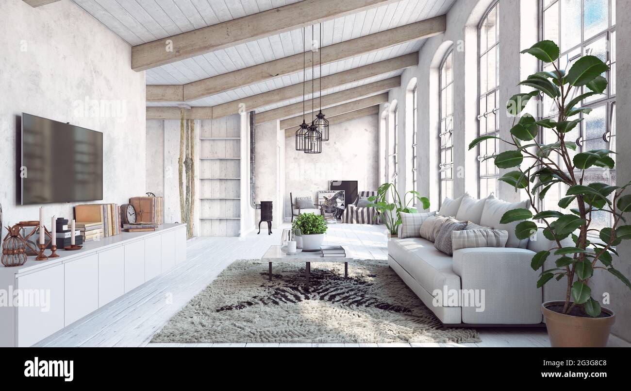 modern living interior design. 3d concept illustration Stock Photo - Alamy