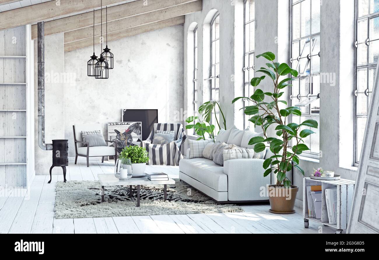 modern living interior design. 3d concept illustration Stock Photo - Alamy