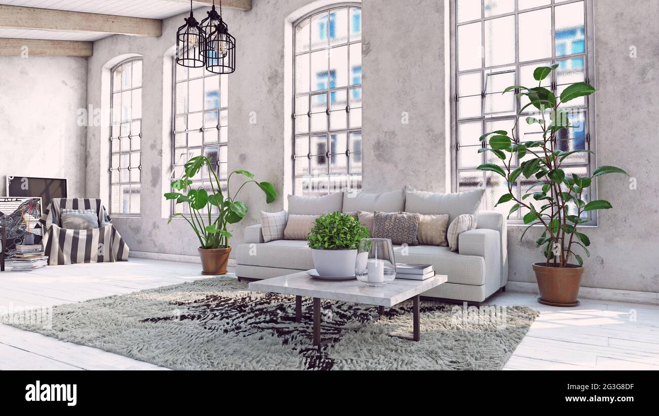 modern living interior design. 3d concept illustration Stock Photo - Alamy