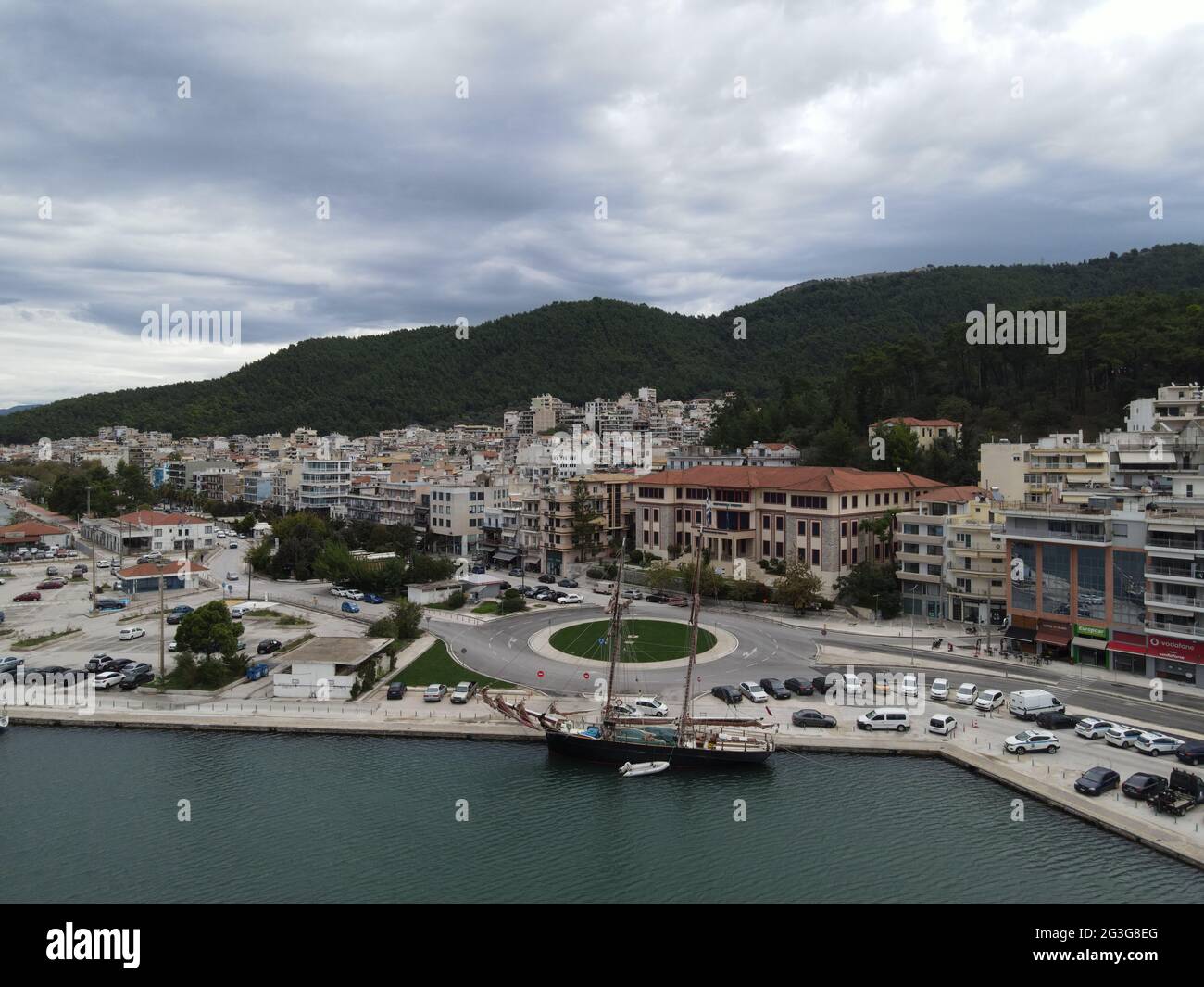 Aerial View Wooden Old Ship Docked In Coast Of Igoumenitsa City In ...