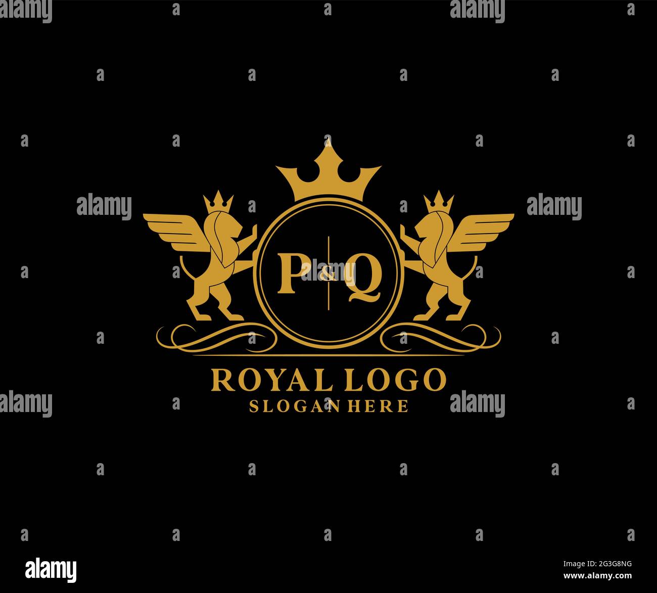 PQ Letter Lion Royal Luxury Heraldic,Crest Logo template in vector art for Restaurant, Royalty, Boutique, Cafe, Hotel, Heraldic, Jewelry, Fashion and Stock Vector