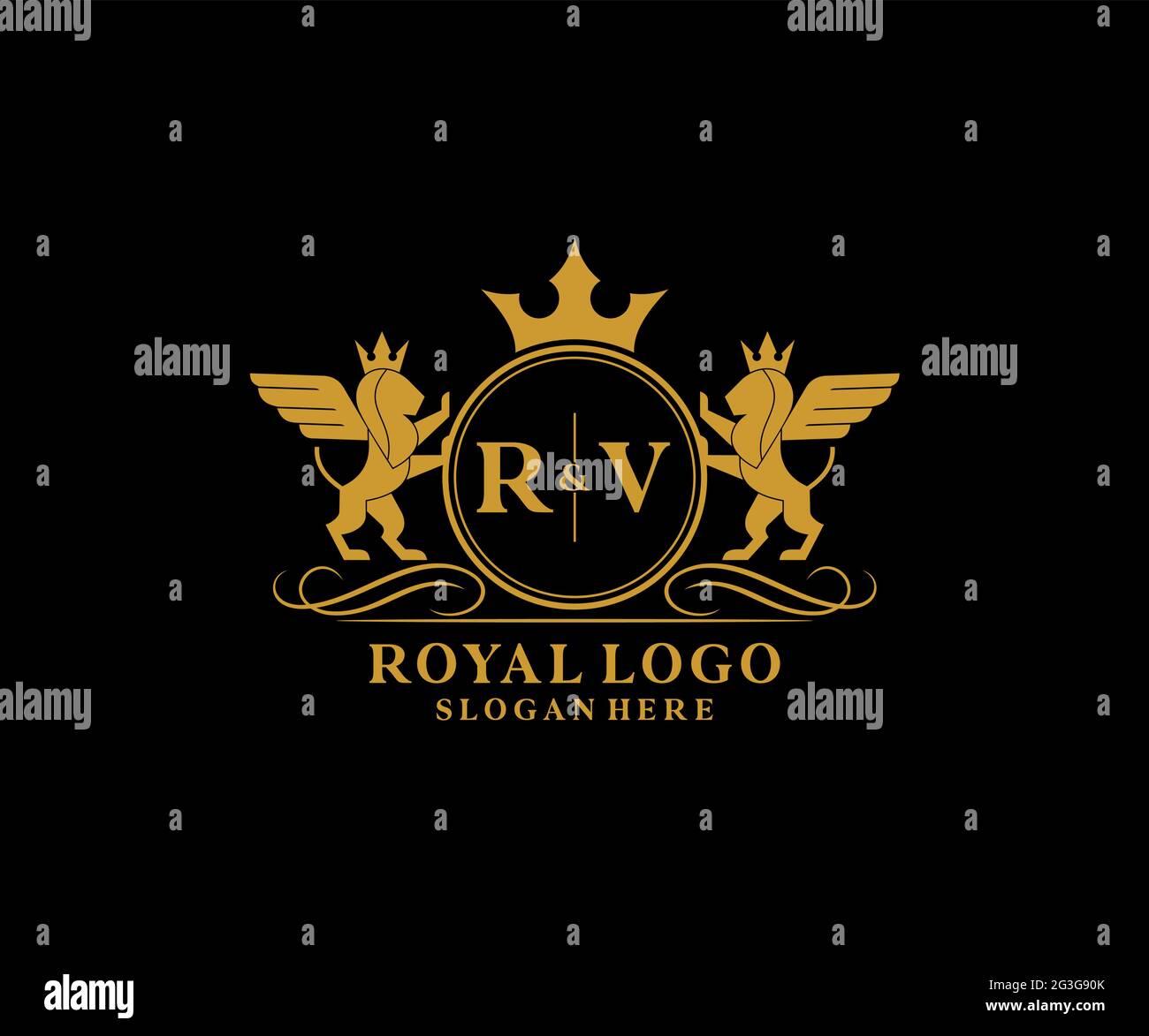 RV Letter Lion Royal Luxury Heraldic,Crest Logo template in vector art for Restaurant, Royalty, Boutique, Cafe, Hotel, Heraldic, Jewelry, Fashion and Stock Vector