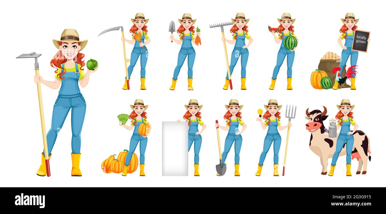 Beautiful woman farmer, set of eleven poses. Cute girl farmer cartoon ...
