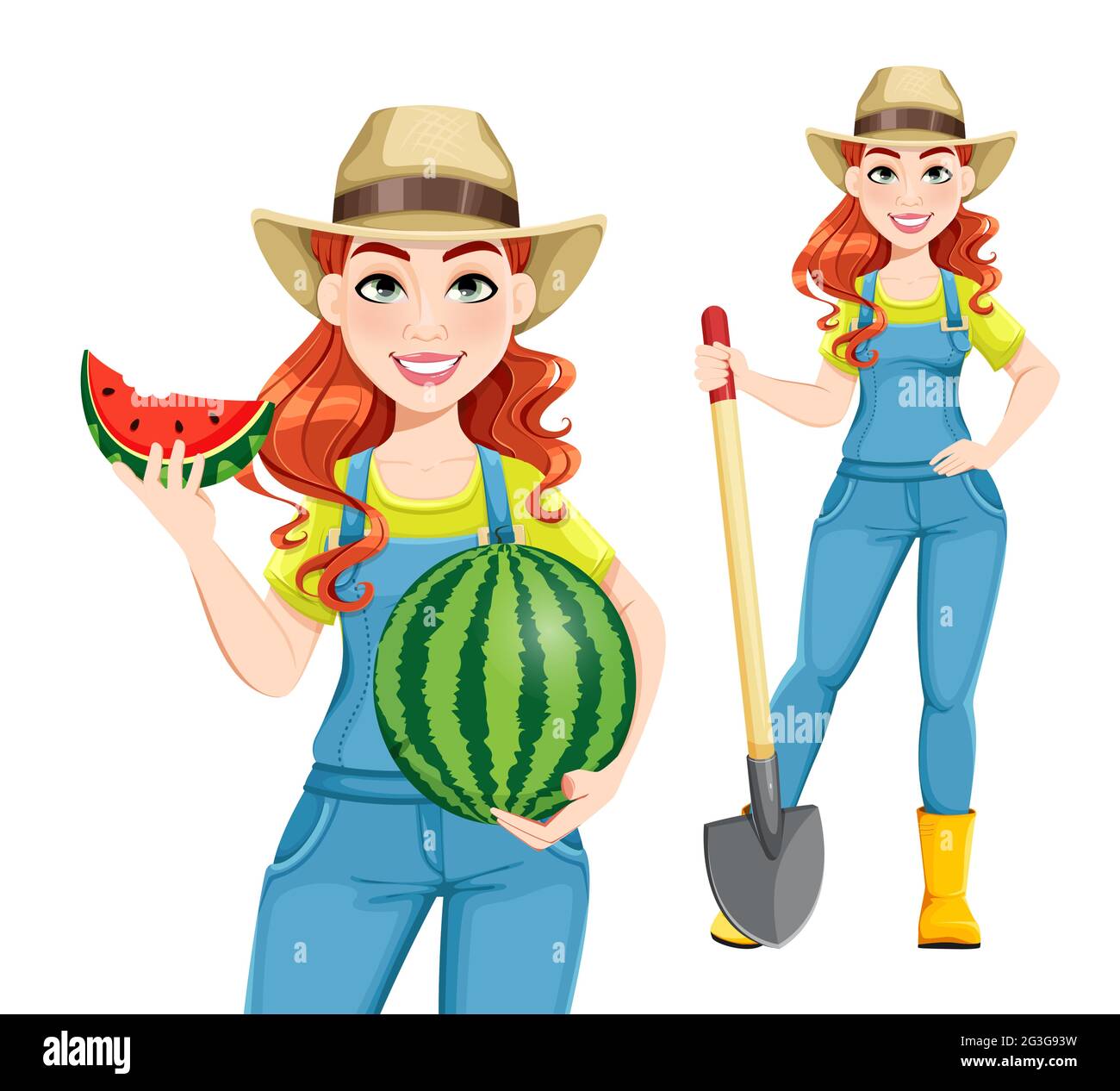 Beautiful woman farmer, set of two poses. Cute girl farmer cartoon ...