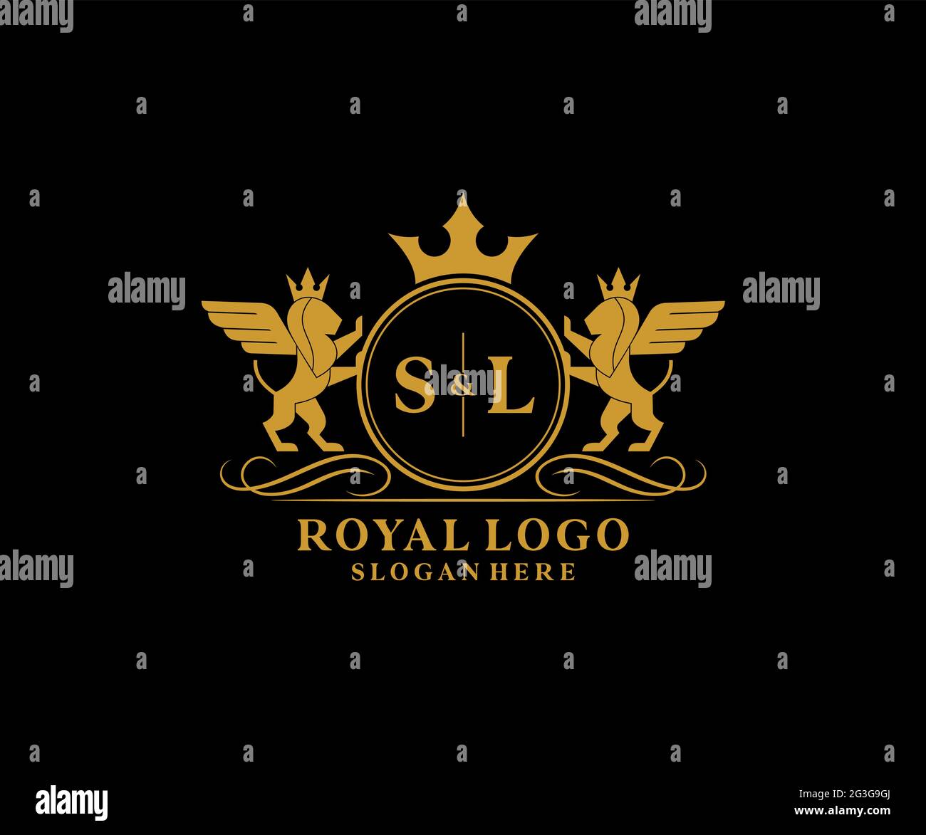 SL Letter Lion Royal Luxury Heraldic,Crest Logo template in vector art for Restaurant, Royalty, Boutique, Cafe, Hotel, Heraldic, Jewelry, Fashion and Stock Vector