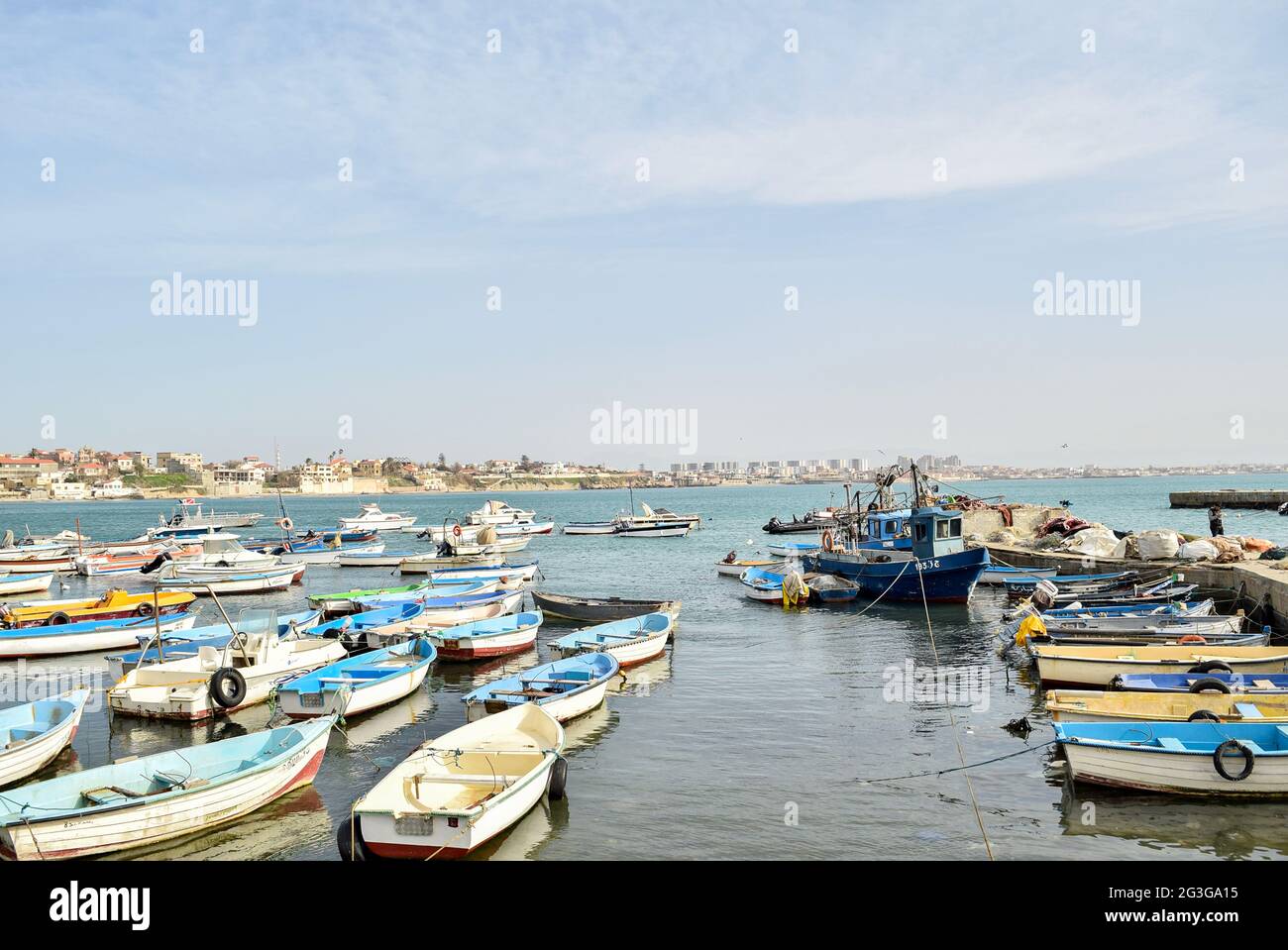 Fishing boats in an old port in Algiers, Algeria. Stock Photo