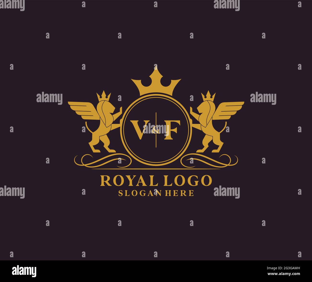 VF Letter Lion Royal Luxury Heraldic,Crest Logo template in vector art for Restaurant, Royalty, Boutique, Cafe, Hotel, Heraldic, Jewelry, Fashion and Stock Vector