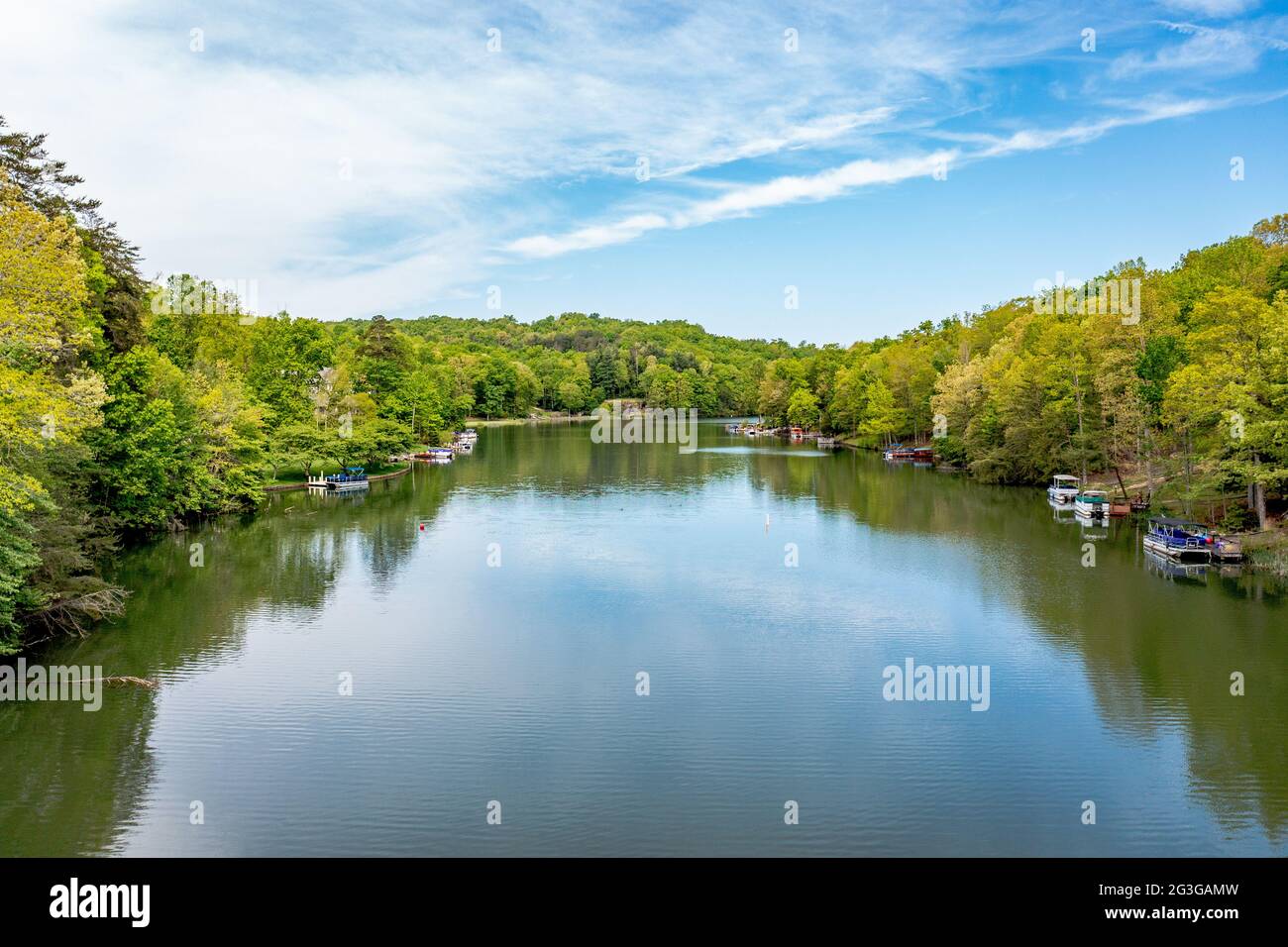 Scenic panorama of Lake Dartmoor in Tennessee shows a very calm, glassy