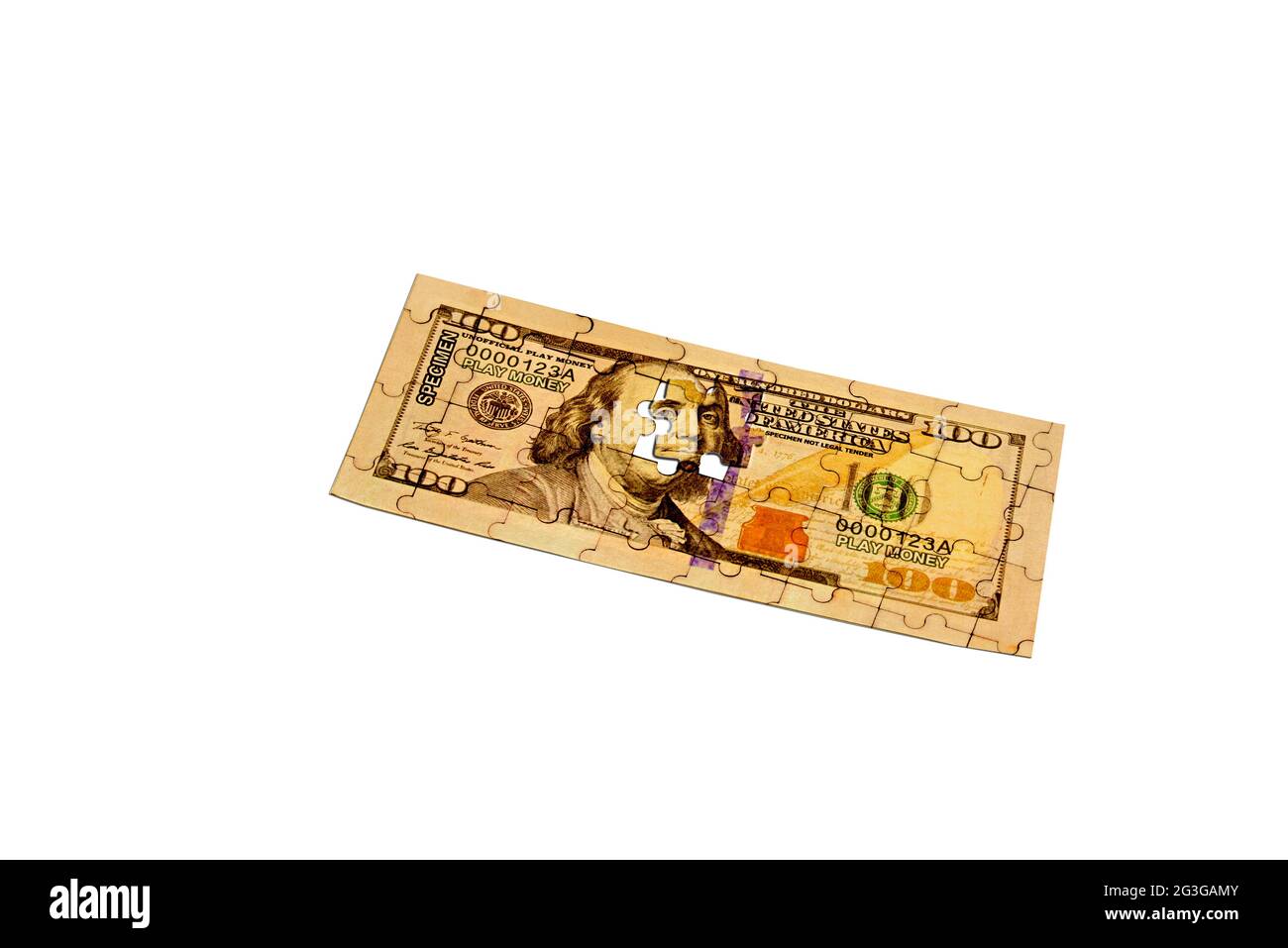 One Hundred dollar currency puzzle with one pieces moved on a white background Stock Photo