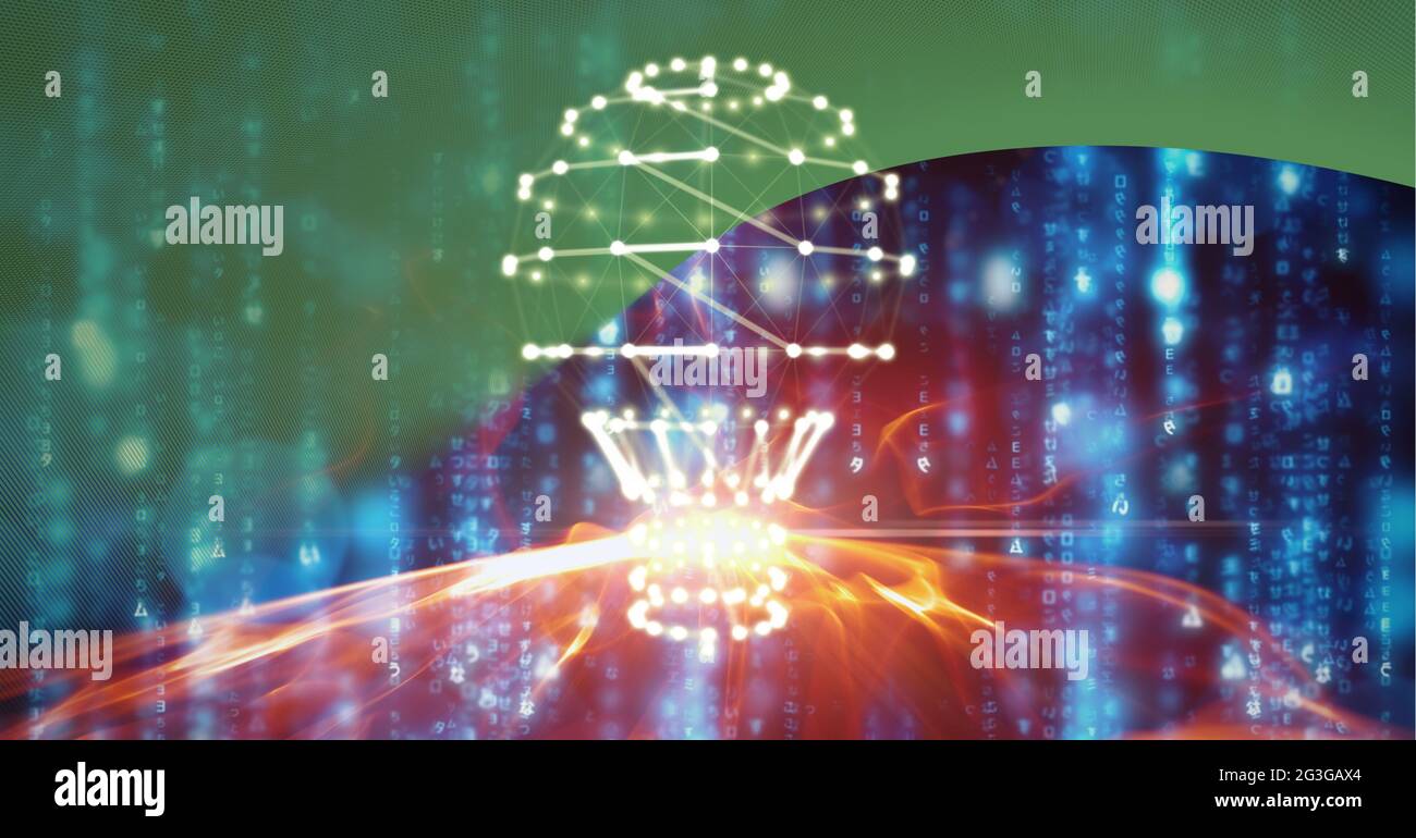 Network of connections forming a bulb over blue light trails against ...