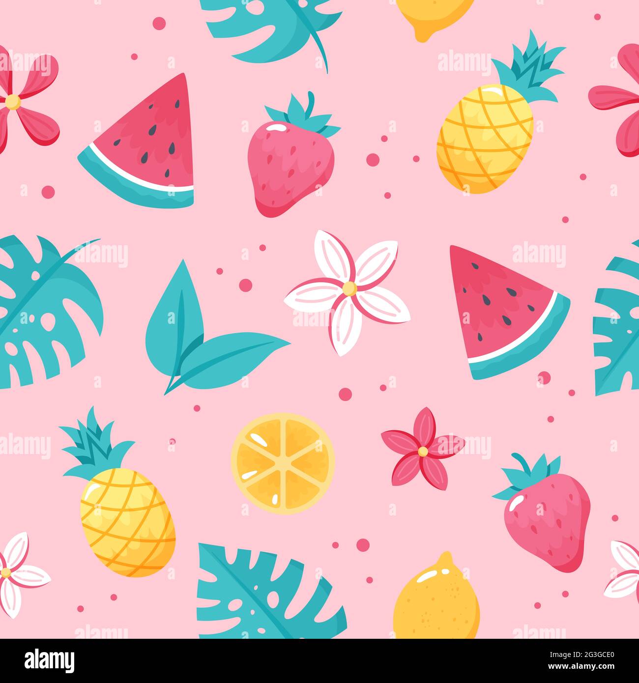 Summer fruits pattern. Cute watermelon, pineapple, lemon, leaves. Hand