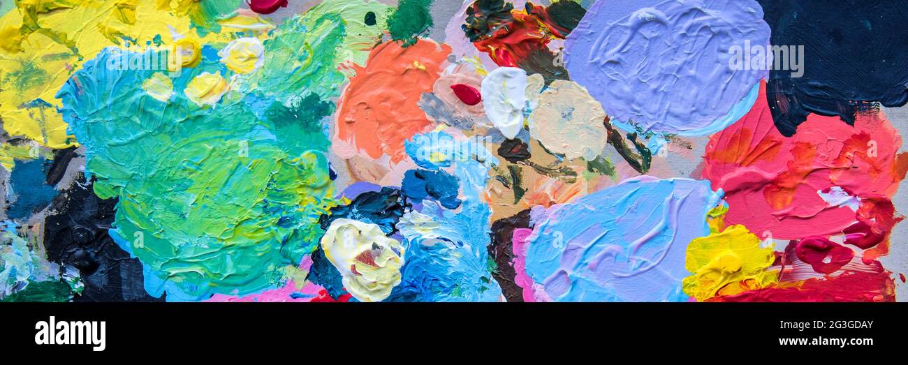 Colorful paint palette close up abstract panoramic background Stock Photo