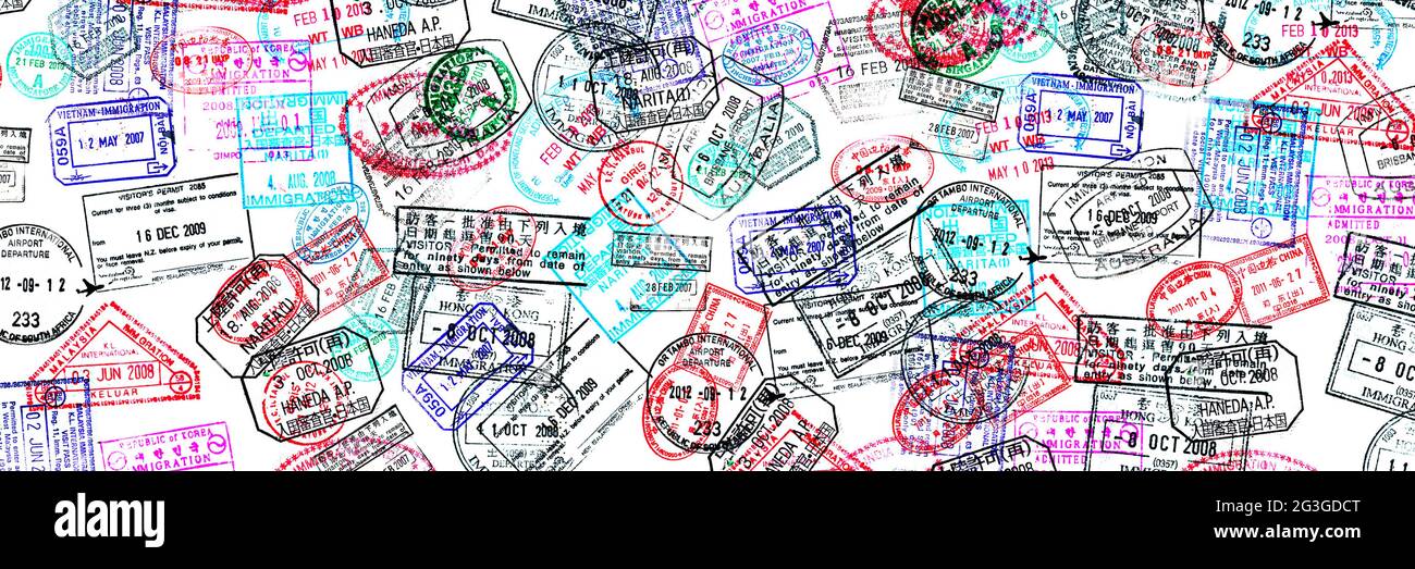 Panoramic background of passport stamps, visas travel concept web ...
