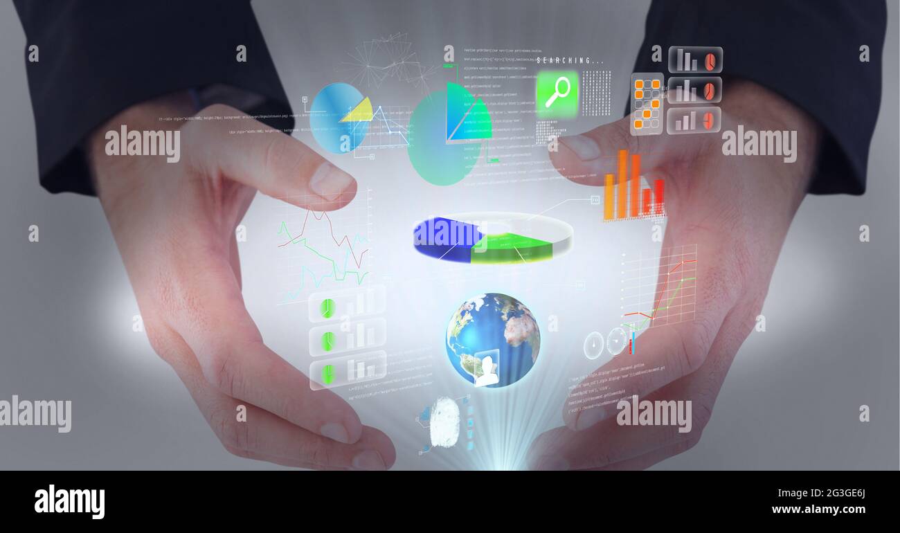 Digital interface with data processing over hands of businessman ...
