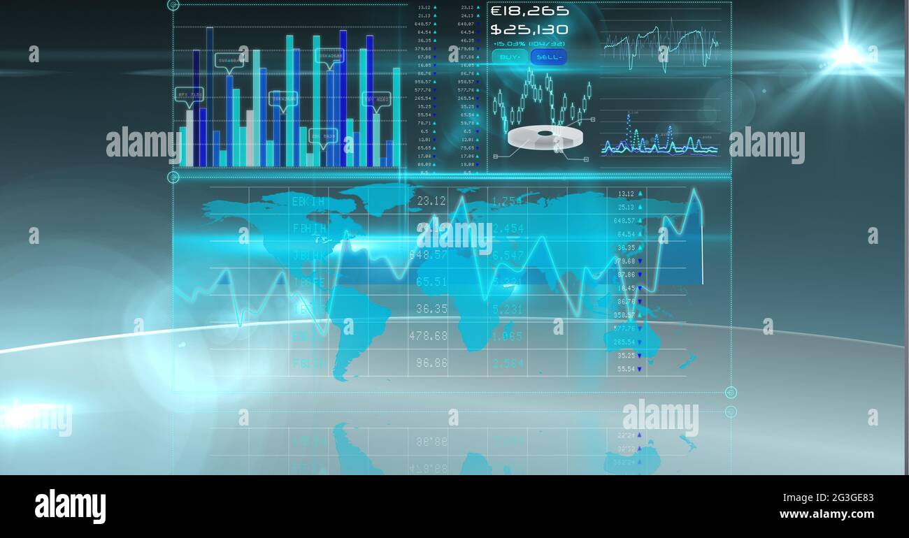 Digital interface with data processing over world map against spots of ...