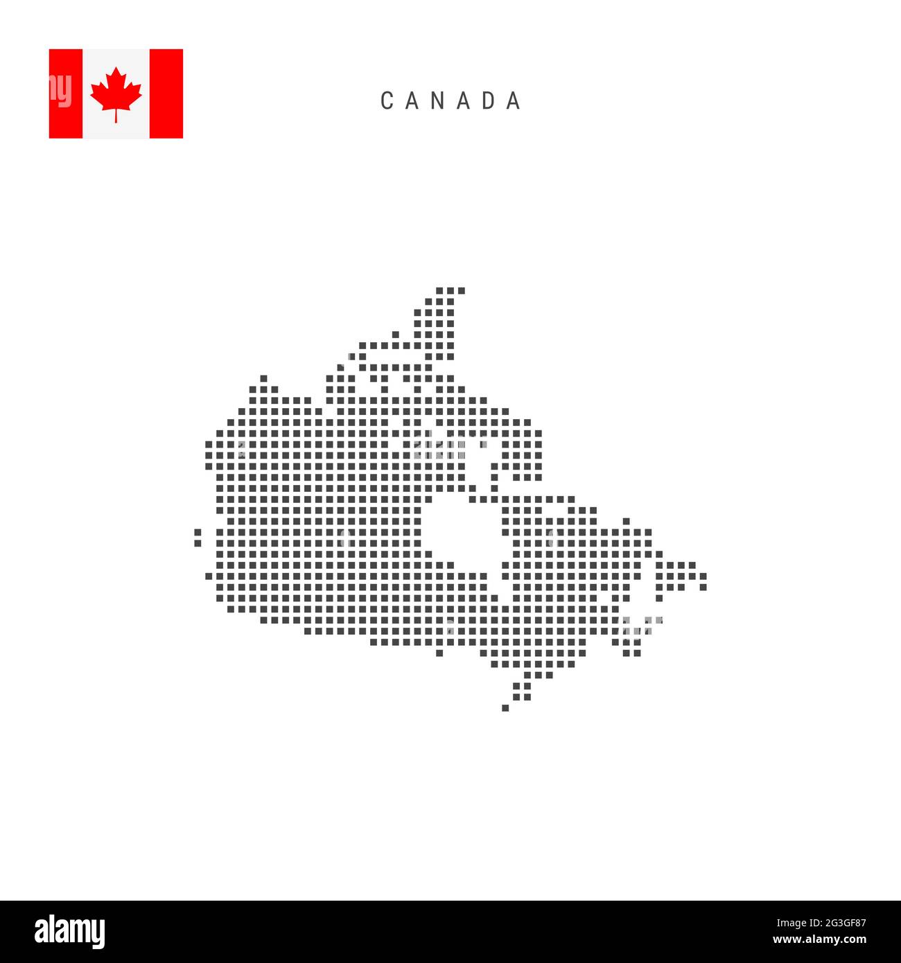 Square dots pattern map of Canada. Canadian dotted pixel map with national flag isolated on white background. Vector illustration. Stock Vector